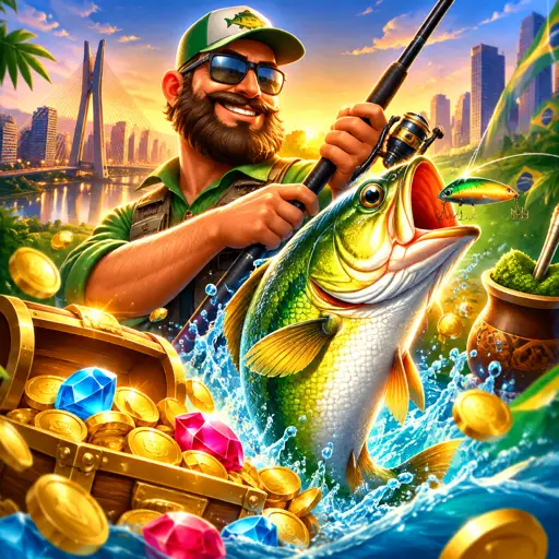 Cena de pescaria do slot Big Bass Bonanza com pescador e iscas